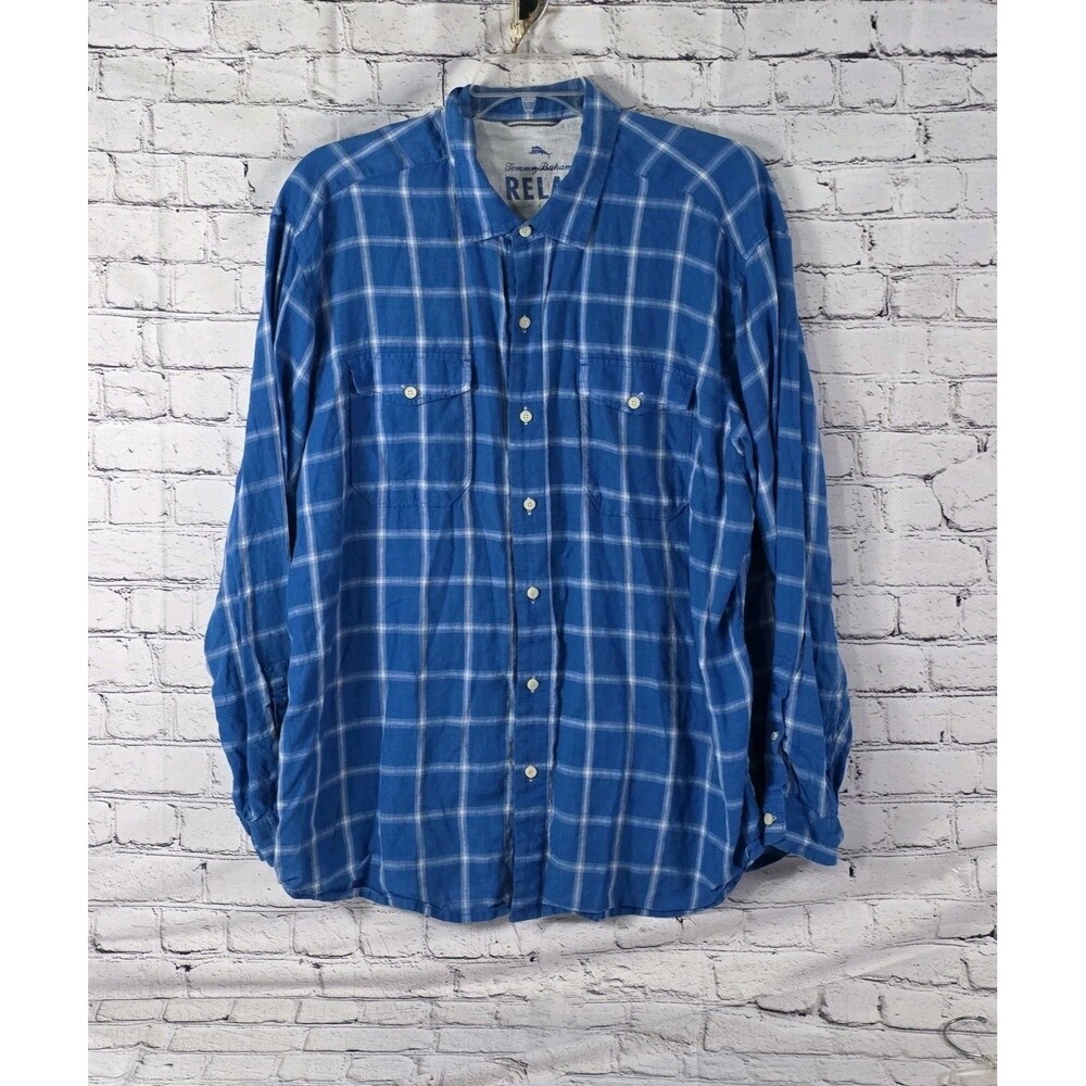 Tommy Bahama Men's XL Blue Plaid Linen Long Sleeve Shirt